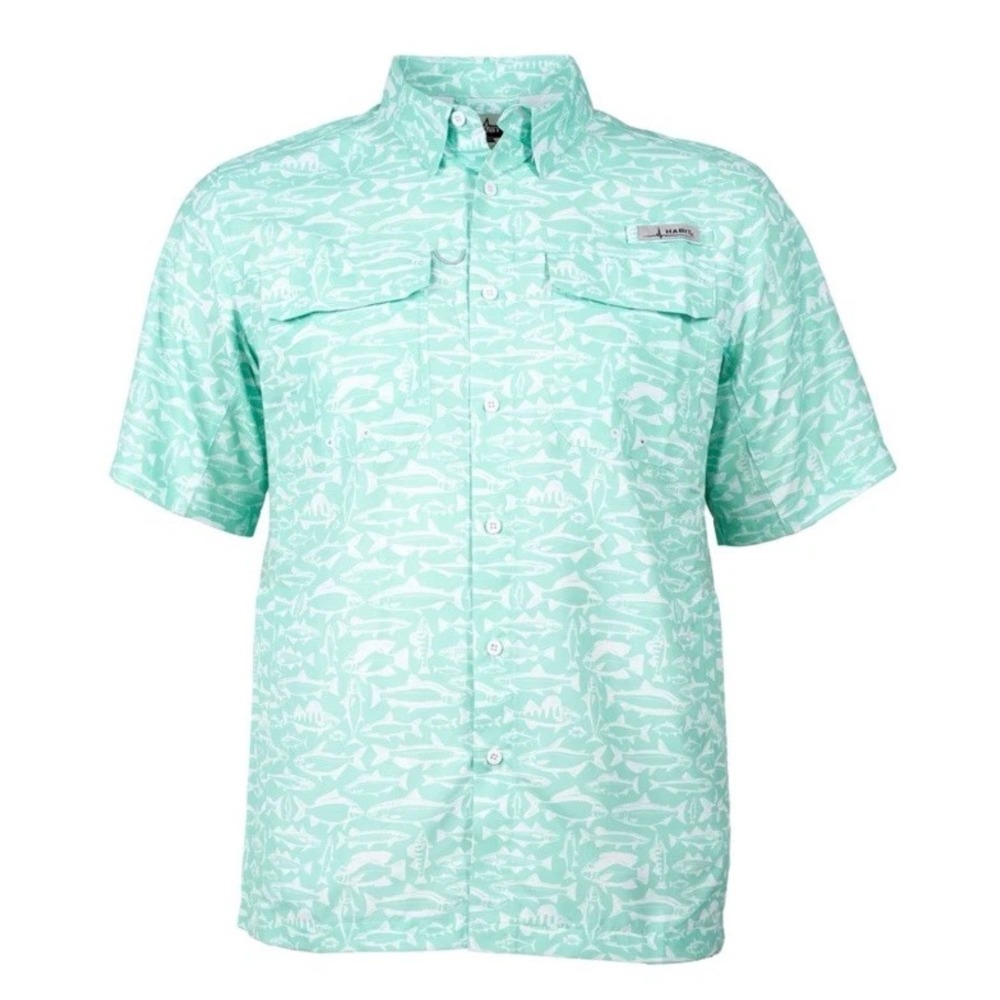 Habit Outdoors Mens River Run Fishing Shirt Aqua Splash‎ Fish Print Large NWT